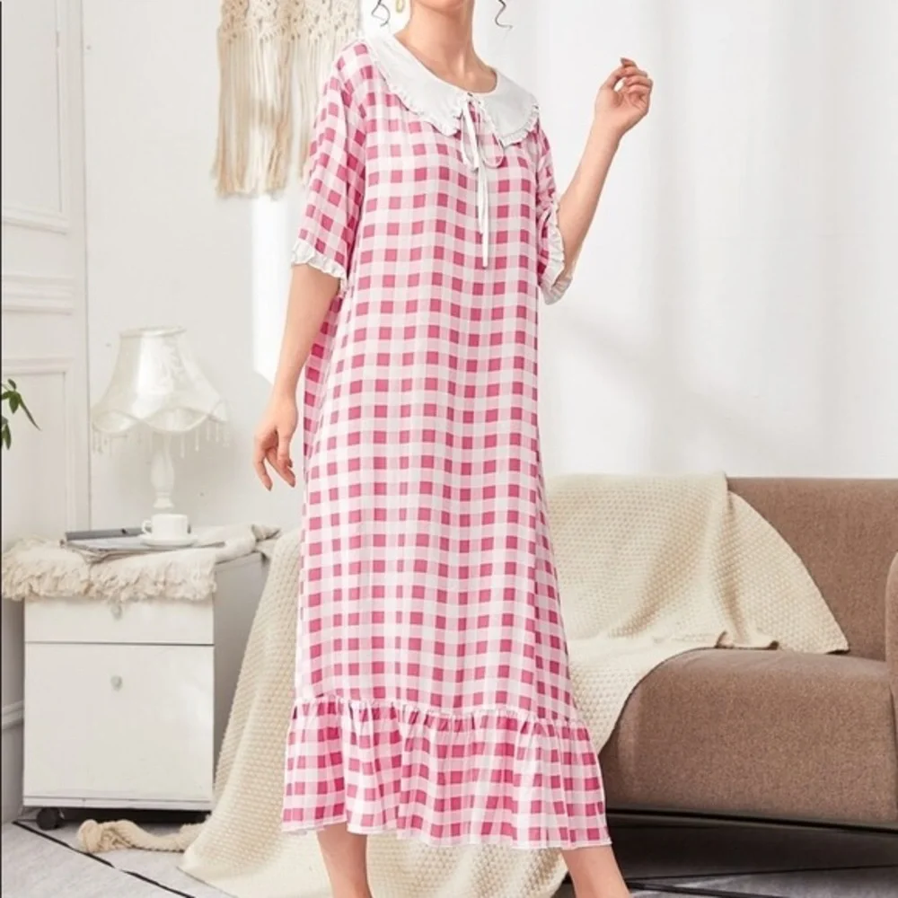 New Pink & White Plaid Ruffle Vintage Nightgown​ - Picture 4 of 6